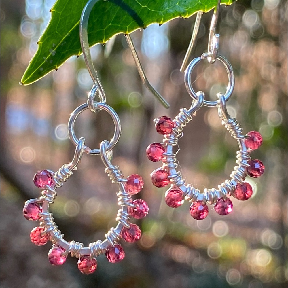 Silver Garnet Hoop Earrings